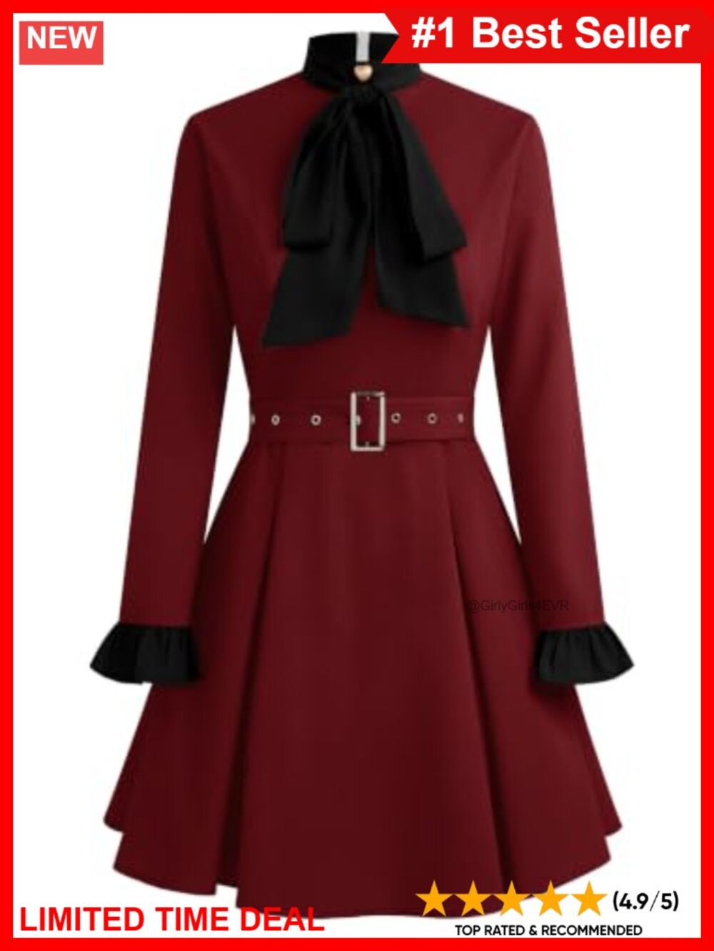 1950s Vintage Pleated Midi Dress Bow Neck Belted A-Line Long Sleeve